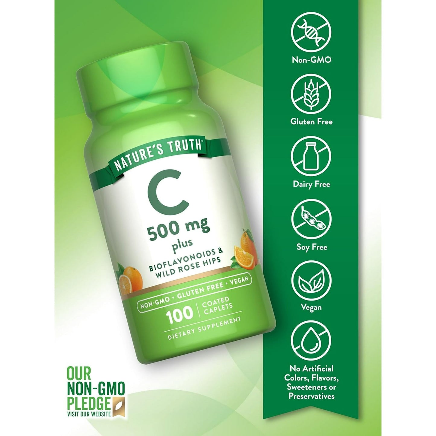 Nature's Truth Vitamin C with Rose Hips and Bioflavonoids 100 Caplets | 500mg