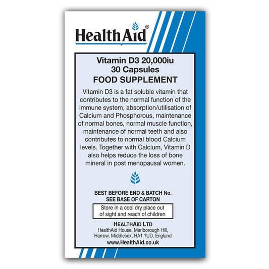 HealthAid Vitamin D3,20,000 IU 30 Veg Capsules