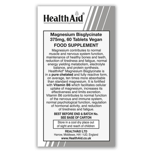 HealthAid Magnesium Bisglycinate (Magnesium Glycinate) 375mg, 60 tablets