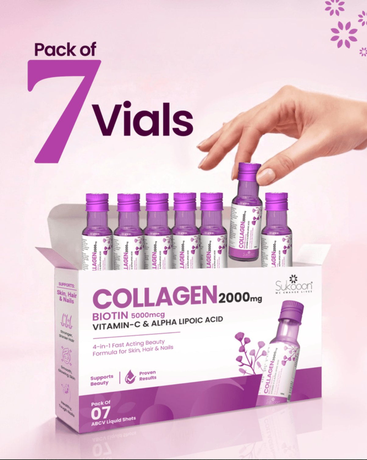 Sukooon ABCV Liquid Collagen Shot 2000mg, Biotin 5000mcg , 7 Vials